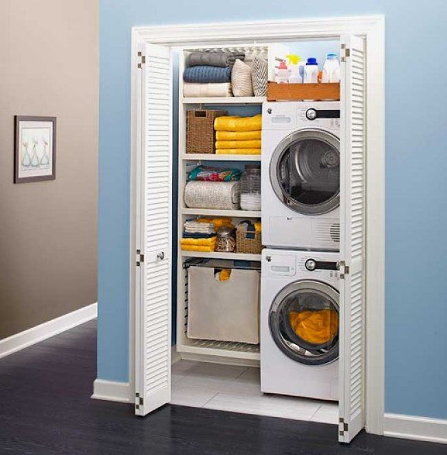 Hall cupboards that back onto bathrooms or kitchens are convenient places for compact mini laundries.