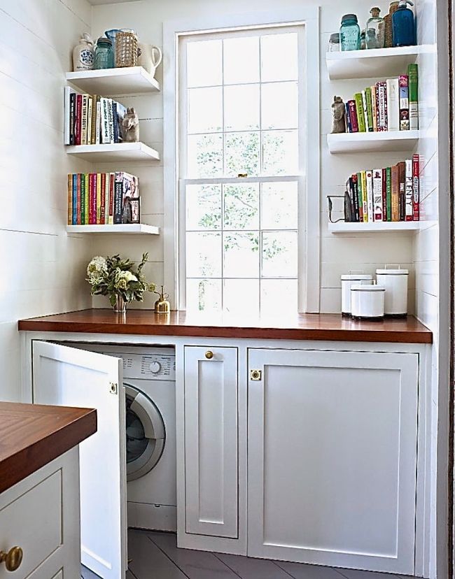 Washers and dryers can be installed under benches in the kitchen to save space for other uses.